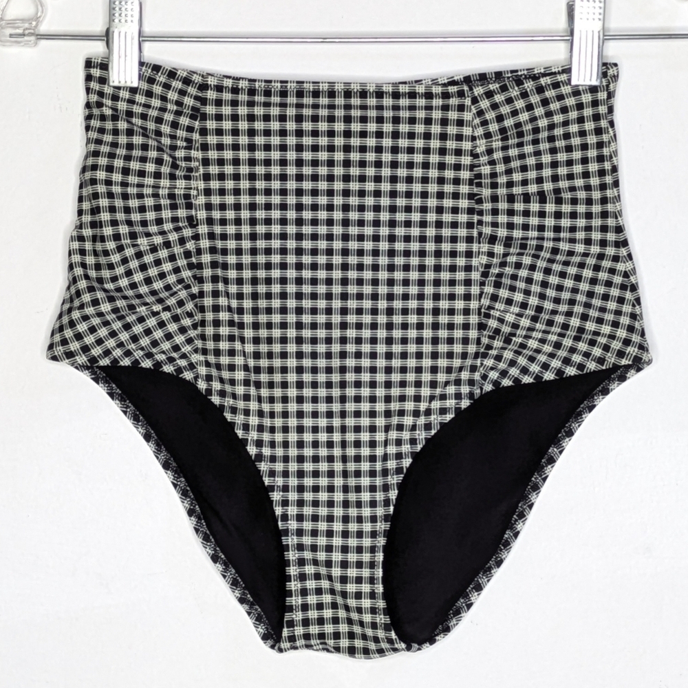 Aerie Black White Plaid Striped High Rise Bikini Bottom S